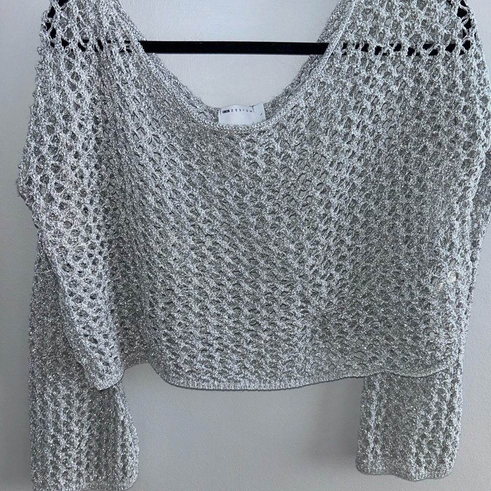 ASOS Silver Off-the-Shoulder Sweater with Lattice Knit